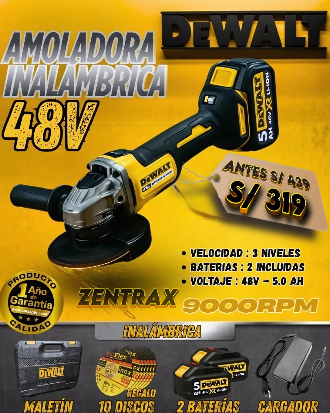 AMOLADORA DeWaLT INALAMBRICA 48V